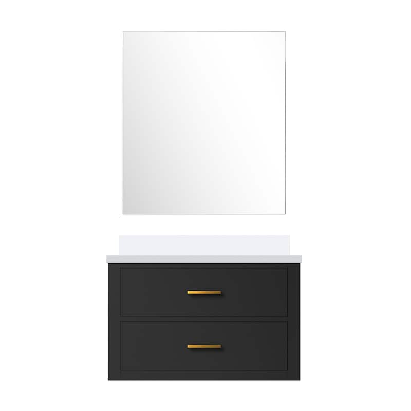 Black Bath Vanity 30" W x 22" D, Cultured Marble Countertop, Soft Close Cabinet, and 28" Frameless Mirror - 30 in W Wood  White Quartz  - Black