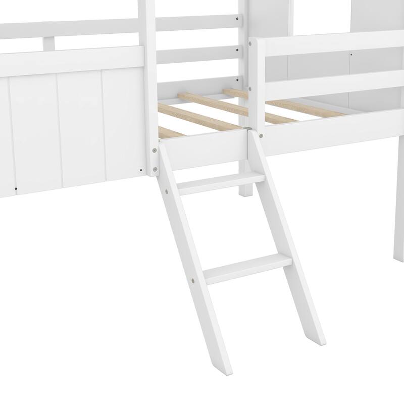 Twin Size Low Loft Wood House Bed with Two Side Windows in White and Gray