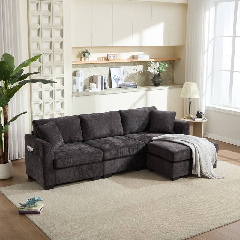 L-Shaped Modular Sectional Sofa with Storage Ottoman, 97" Chenille Corner Couch with USB Ports, Side Pockets