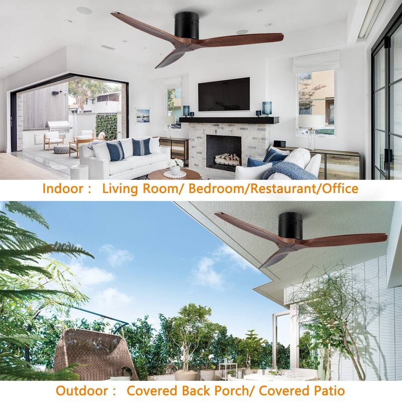 52In. Farmhouse Indoor Flush Mount Low Profile Ceiling Fan with Solid Wood Blades - 52 INCHES