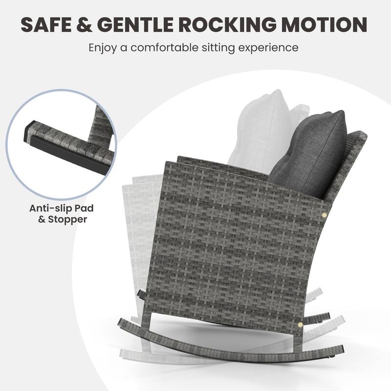 Gymax Set of 3 Wicker Rocking Set Patio w/ Tempered Glass Table & Soft