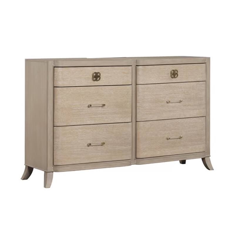 Fea 6 Drawer Wide Dresser, Natural Oak Brown Solid Wood, Acrylic