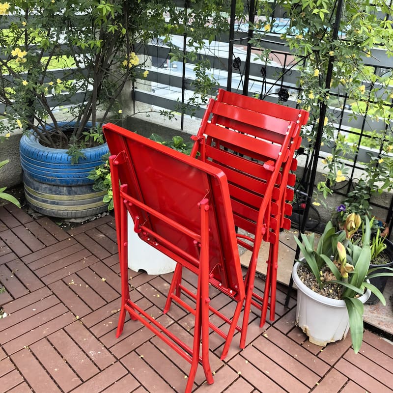 3 Piece Outdoor Patio Bistro Set of Foldable Square Table and Chairs, Red
