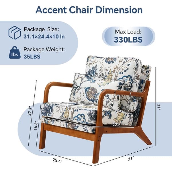 EROMMY Floral Accent Chair, Mid Century Modern Upholstered Armchair with Wood Frame and Cushion for Living Room
