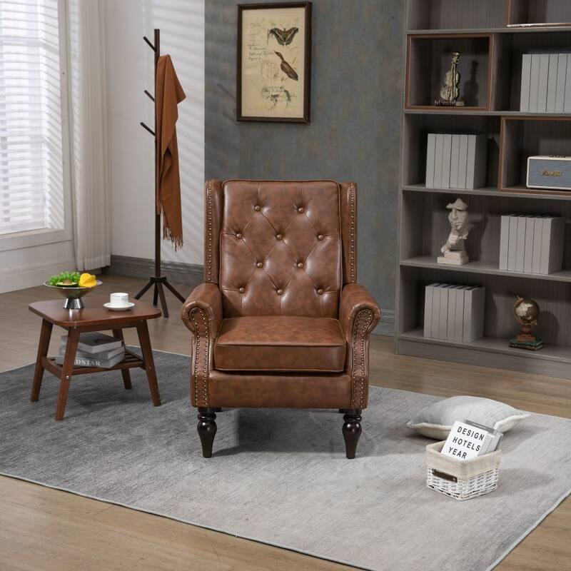 Wood Frame Armchair, Modern Accent PU Leather Chair Lounge Chair for Living Room