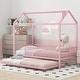preview thumbnail 1 of 32, Roomfitters Twin Size Metal House Bed with Fence, Space-Saving Design with Trundle, Fun and Practical Pink