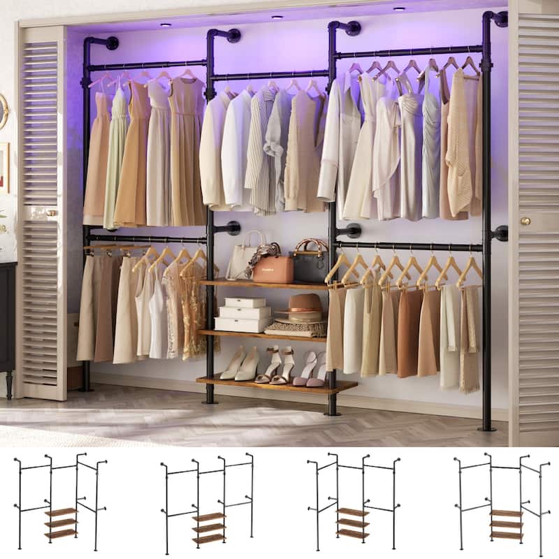 Industrial Pipe Garment Rack with Expandable Hanging Rods and Shelves,Reversible Walk-in Closet Organizer System Clothing Rack