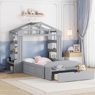 Twin Size House Bed with Bench and Socket, Wood Platform Bed Frame with USB Ports and Shelves, No Box Spring Needed, Gray