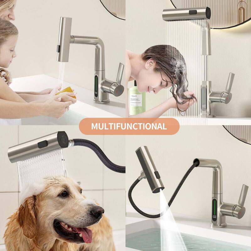 LED Temperature Display Bathroom Faucet with Pull Out Sprayer