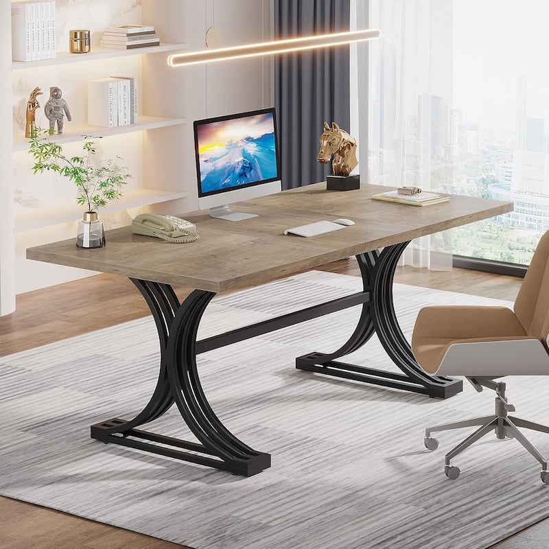 63" Large Rectangular Executive Desk, Wood Faux Marble Table, Business Computer Desk for Home Office