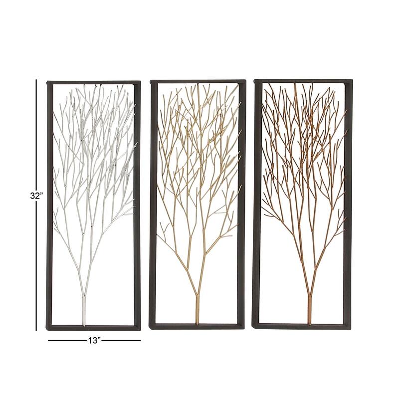Black Metal Branch Tree Home Wall Decor with Metallic Copper, Silver, and Gold (Set of 3)