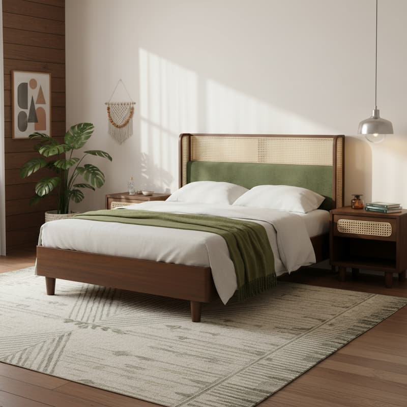 Christopher Knight Home - Mid-Century Upholstered Wood Low-Profile Platform Bed with Rattan Weaving Headboard - Walnut+Green - Queen