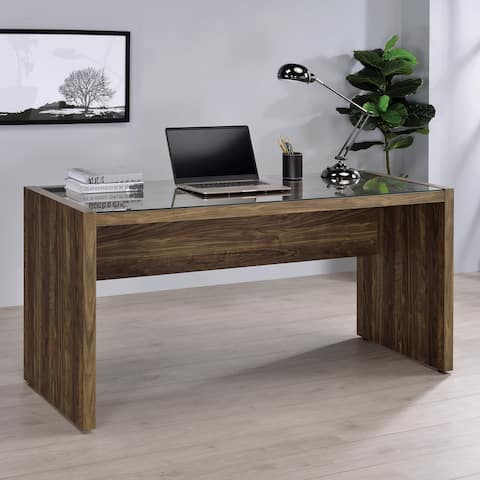 Modern Aged Walnut Finish Office Desk With Glass Top Cover