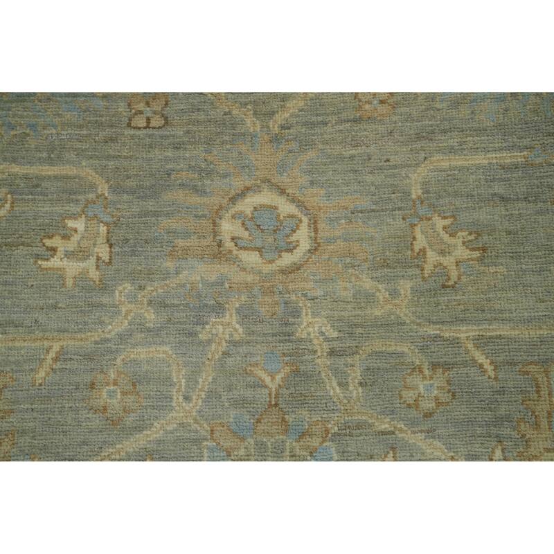 Handmade Gray Oushak Vegetable Dye Area Rug, Floral Geometric Carpet - 12' 1'' X 9' 1''