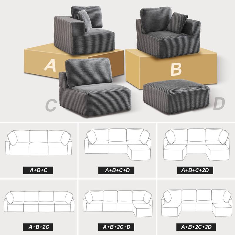 Convertible Corduroy Modular Sectional Sofa No Assembly Required