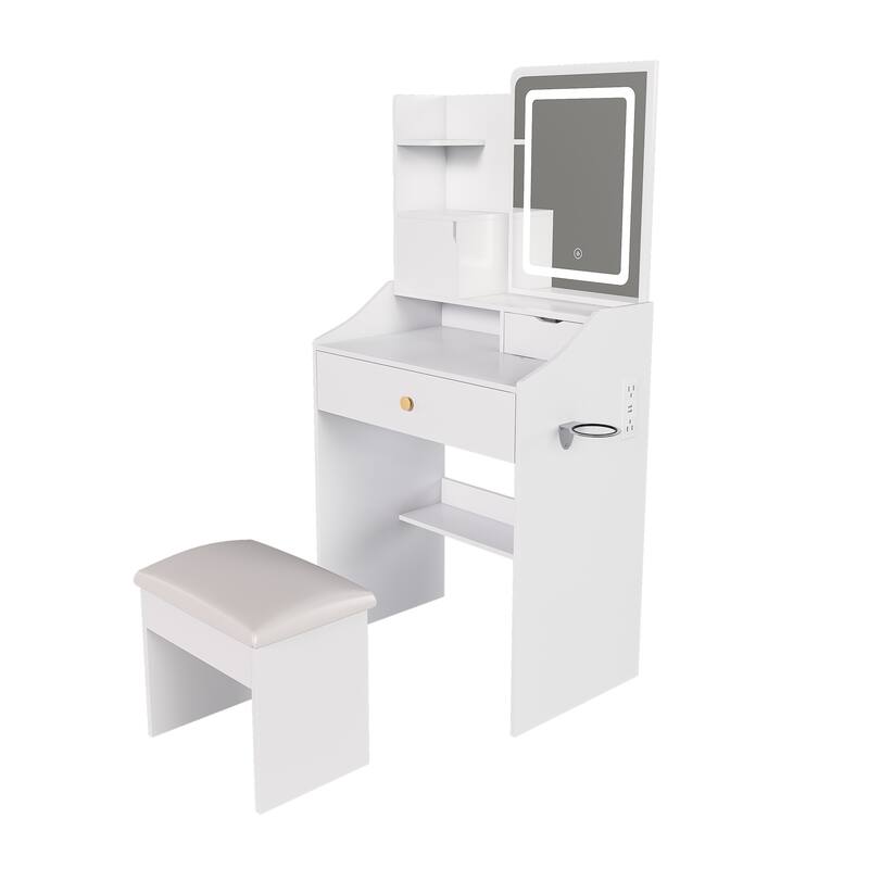 3-Color LED Vanity Mirror with Stool, Pink Dressing Table for Bedroom, 2 Drawers & 5 Storage Cabinets (4 Open + 1 Hidden)
