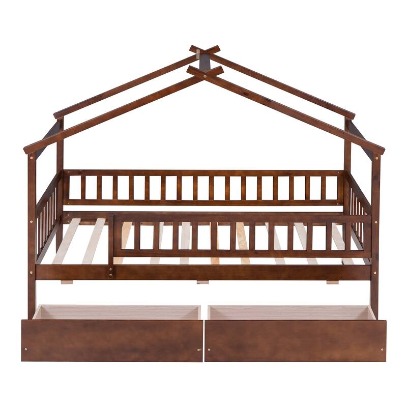 Twin Size Wooden House Bed with Two Drawers, Walnut Finish