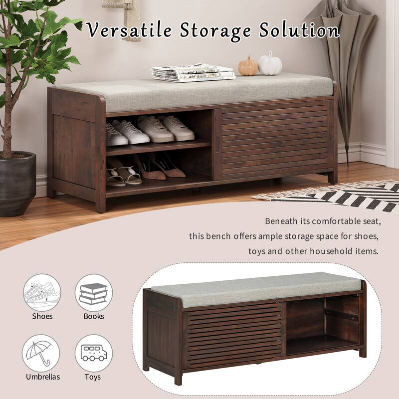 Entryway Bench Storage Shoe Bench w/ Cushion & Sliding Door, Shoe Cabinet Organizer for Living Room, 15.4" W x 43.3" D x 16.5" H