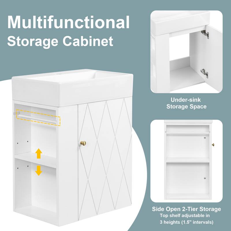 Wall-mounted Small Bathroom Vanity with Ceramic Sink, Floating Ceramic Sink Cabinet with Side Storage Shelves, 20 Inch