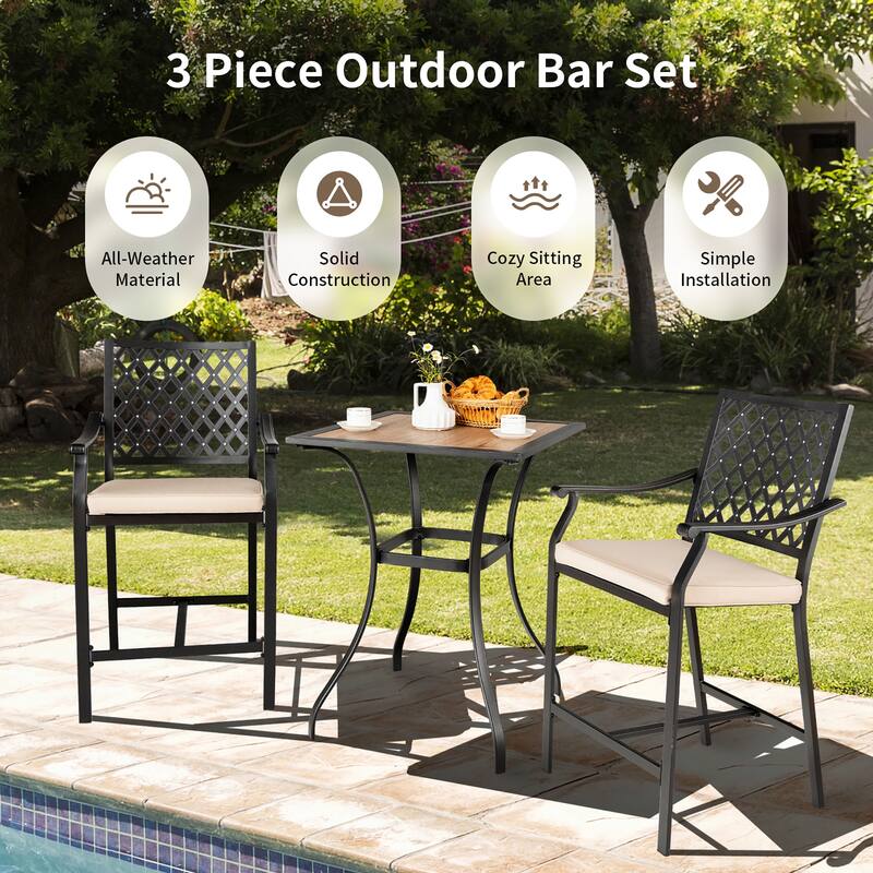 3PCS Patio Bar Table Set Outdoor Square Bistro Square Dining Table Set