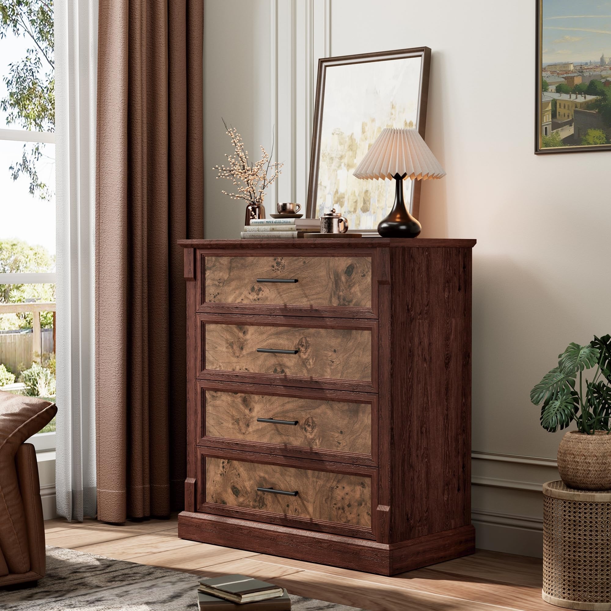 Farmhouse 4 Drawer Tall Dresser with Metal Handles, Rustic Wooden Chest for Bedroom Living Room Hallway