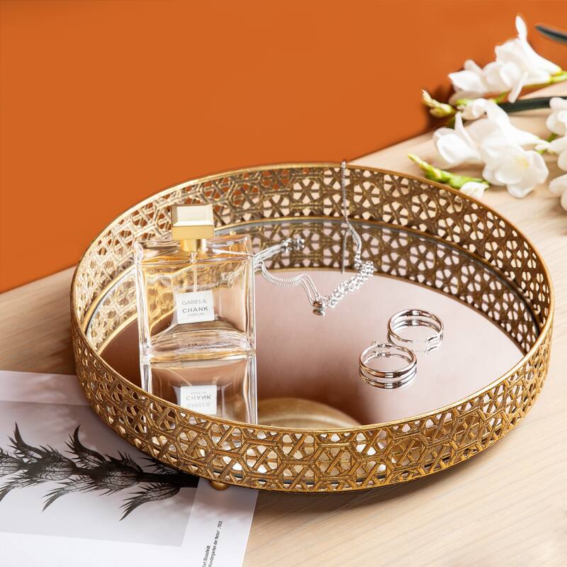 Glitzhome Set of 2 Modern Gold Floral Pattern Mirrored Decorative Trays with Handles