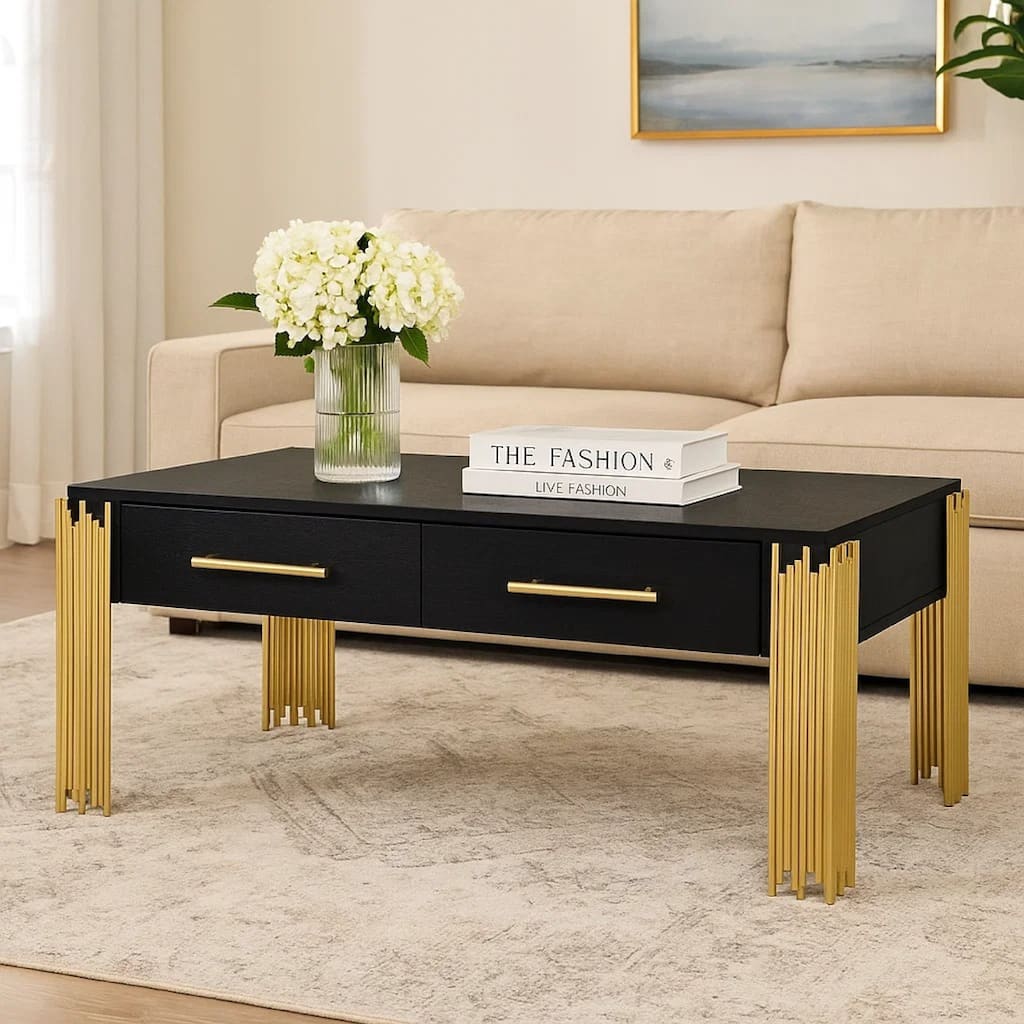 Theo Coffee Table, 2 Drawers, Gold Metal, Retro Black Wood 48 Inch