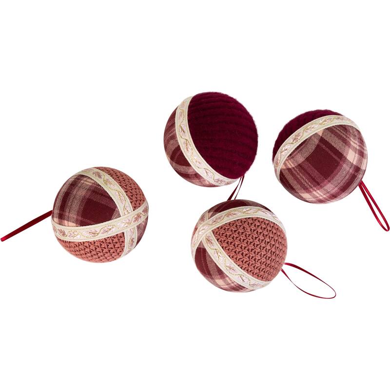 Plaid and Knitted Christmas Ball Ornaments - 3.5" - Maroon and Ivory - Set of 4