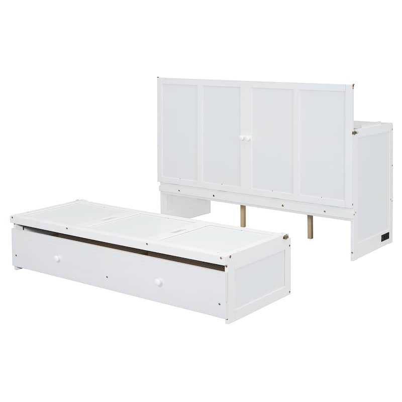 Queen Size Murphy Bed with USB Port, Large Drawer, and Space-Saving Design, White