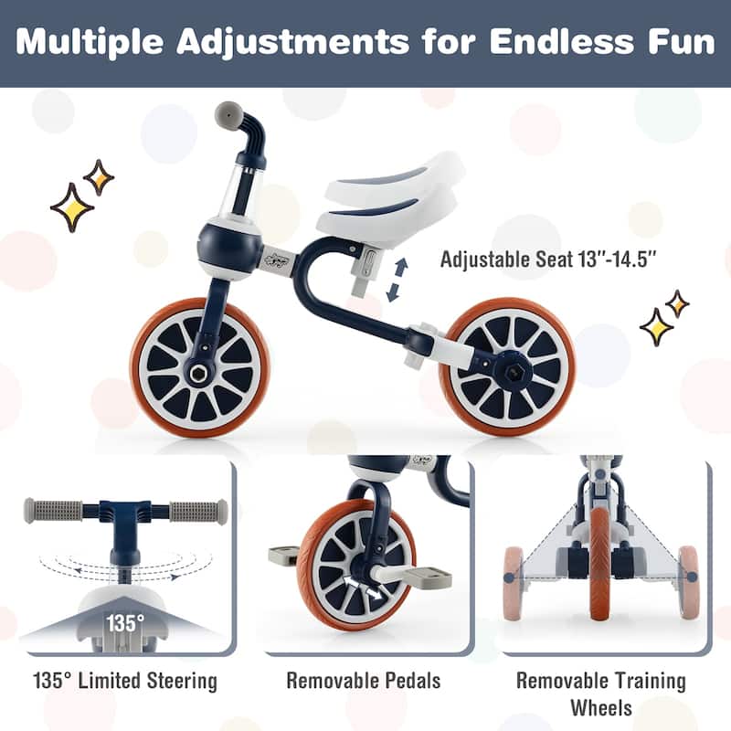 4-in-1 Adjustable Kids Tricycle with Parental Handle and EVA Wheels Safe Riding for Toddlers - 14.5" x 28.5" x 39.5"