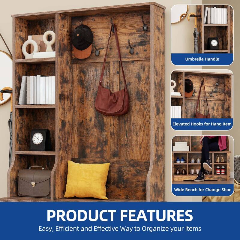 Moasis 59"/39"W Farmhouse Hall Tree Adjustable Shelf Coat Rack with Shoe Storage Bench for Entryway