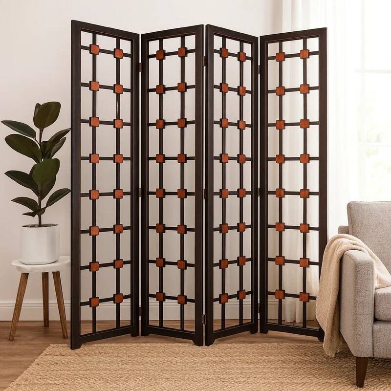 Wooden 4 Panel Screen with Modern Cosmopolitan Design, Black and Red