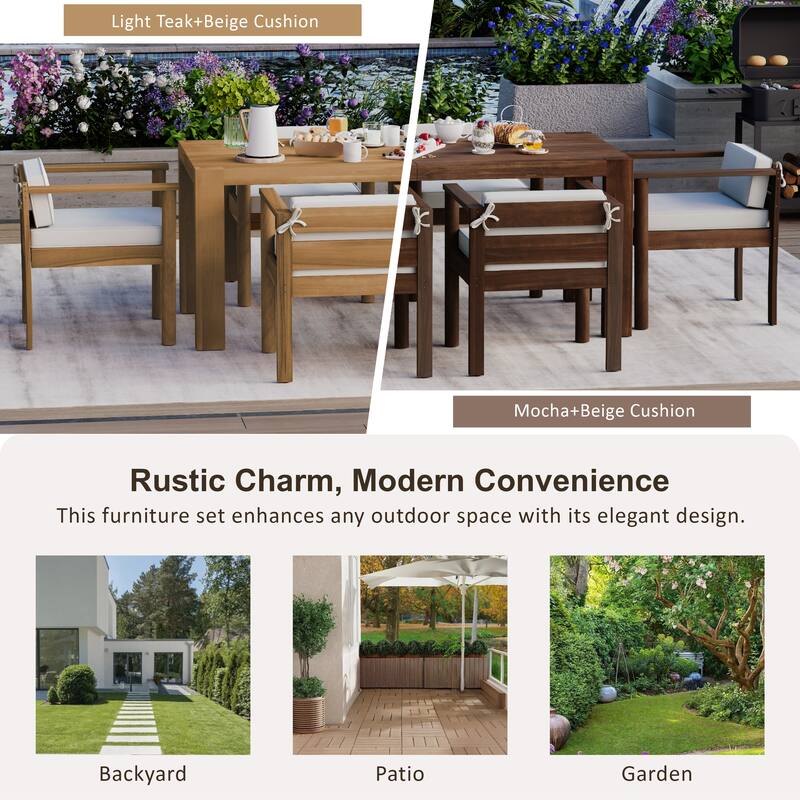 7-Piece Outdoor Patio Dining Set Wood Rectangular Dining Table and 6 Arm Chairs with Parasol Hole and Removable Cushions