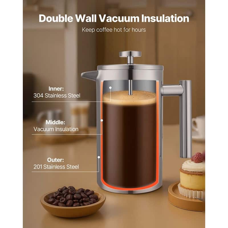 Silver Stainless Steel French Press Coffee Maker Portable