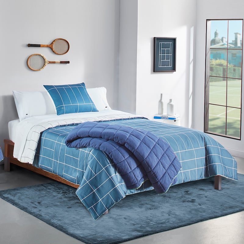 Lacoste Ashcombe Check Reversible 3-Piece Cotton Comforter Set - Twin - Blue