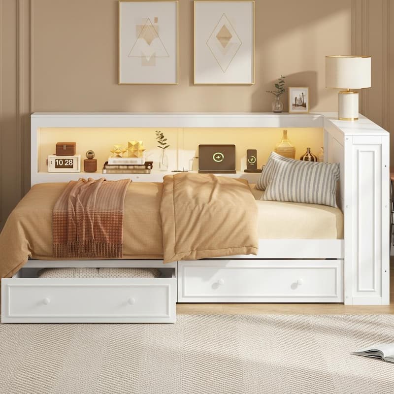 Full Size Wood Daybed with Storage Shelves, USB Ports, LED Lights & 2 Drawers by Harper&Bright Designs