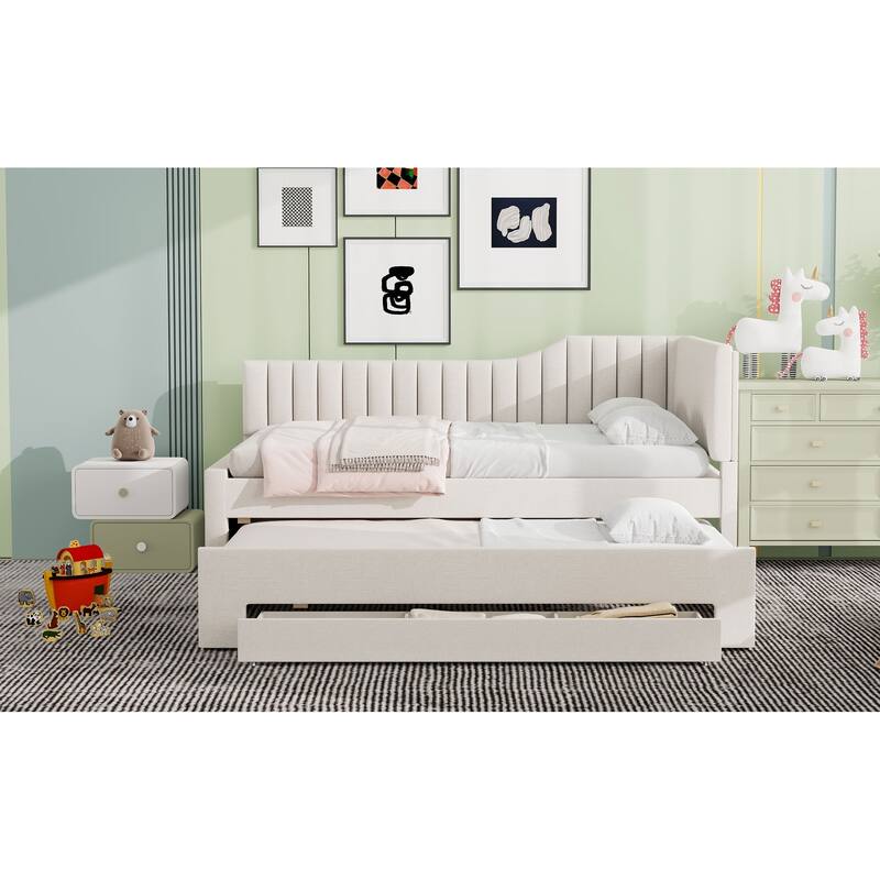 Upholstered Linen Bed Frame, Full Size Daybed with Pull-out Trundle and Storage Three Drawers for Bedroom/Apartment