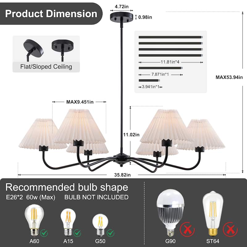 Starsky 6-Light Chandelier with Pleated Fabric Shades Handmade Black & Gold for Dining Room, Kitchen, Living Room and Foyer