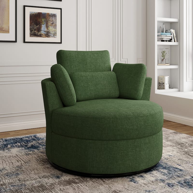 Chenille/Boucle Swivel Barrel Chair with Storage Ottoman