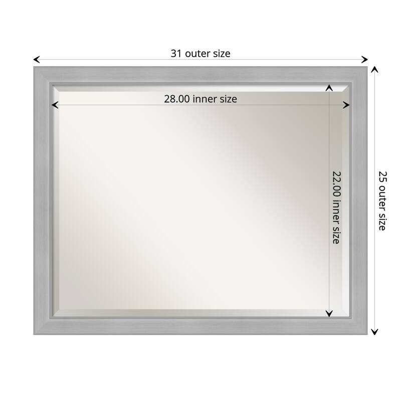Beveled Bathroom Wall Mirror - Vista Brushed Nickel Frame - Outer Size: 31 x 25 in - Vista Brushed Nickel Narrow