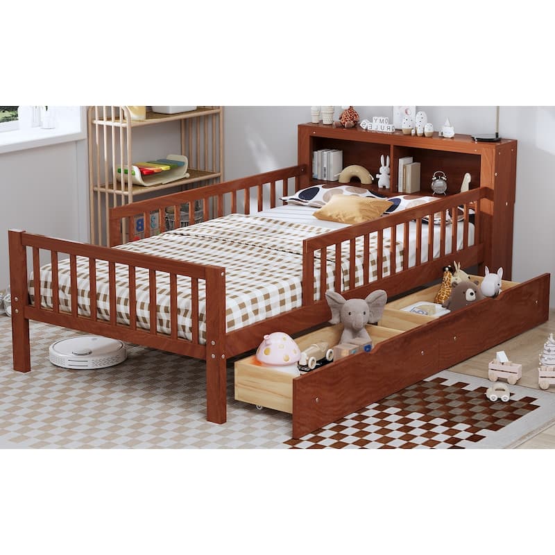Twin Size Platform Bed with Built-In Headboard Shelves, Safety Guardrails & 2 Storage Drawers, Space-Saving Wood Frame