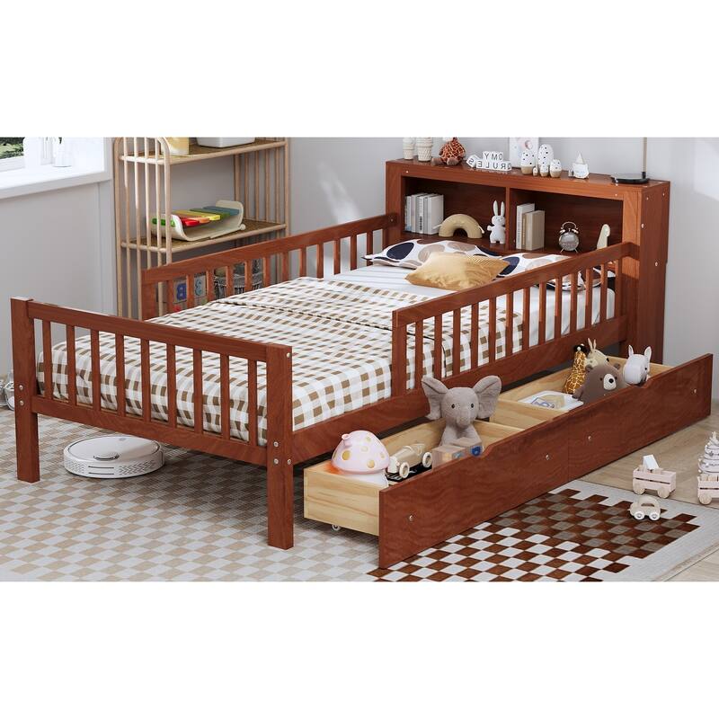 Twin Wood Storage Bed with 3-Side Guardrails, Underbed Drawers & Headboard Storage