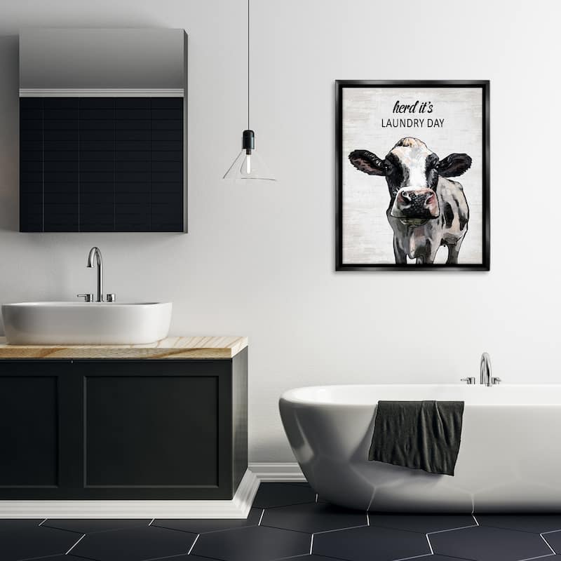 Stupell Herd It's Laundry Day Cow Framed Floater Canvas Wall Art Design By Lettered and Lined