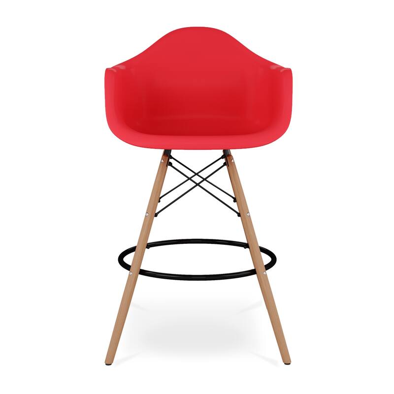 HomeRoots 28" Red And Brown Heavy Duty Plastic And Solid Wood Low Back Counter Height Bar Chair