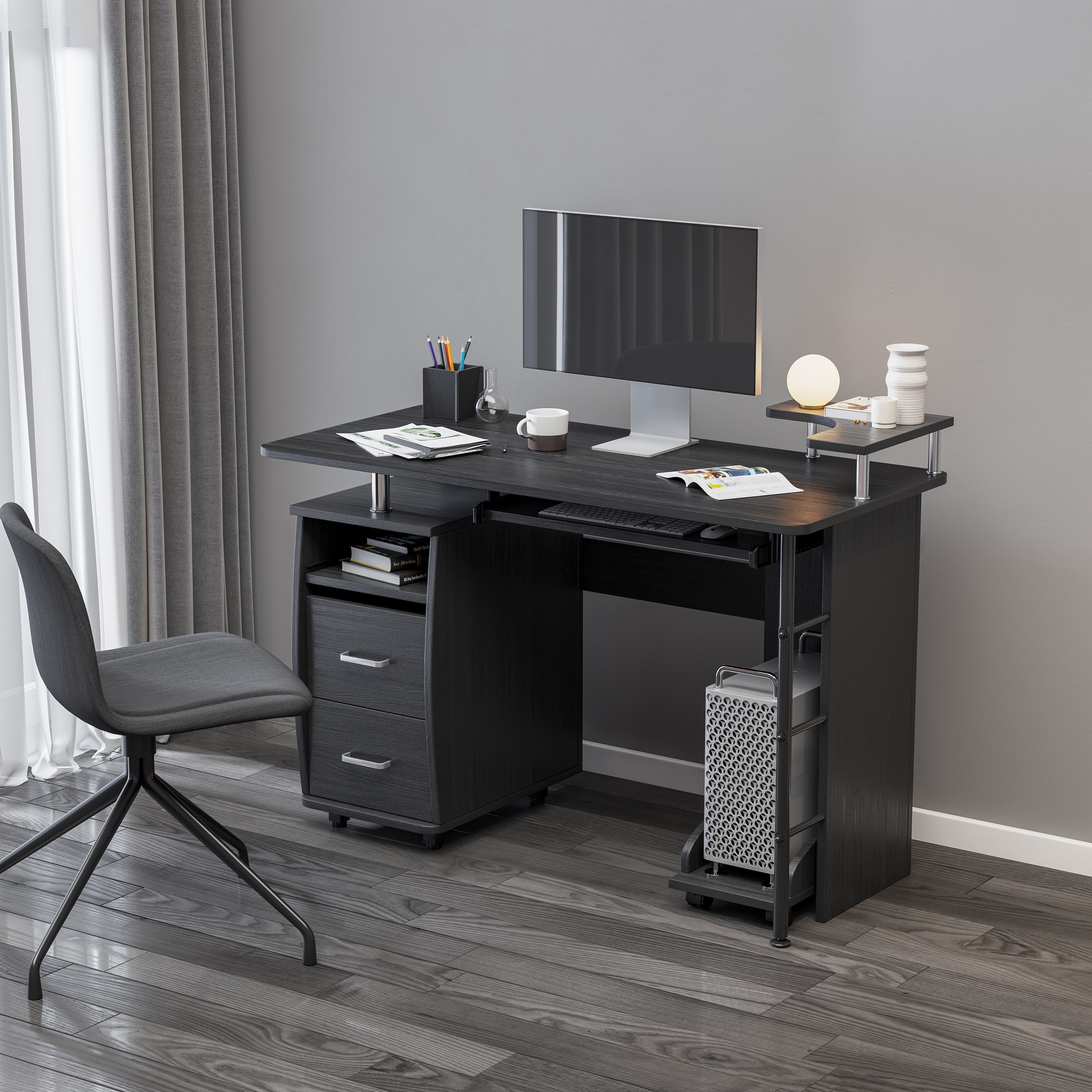 Modern Solid Wood Computer Desks Office Table with PC Droller Storage Shelves and File Cabinet Small Study Writing Desk - Black