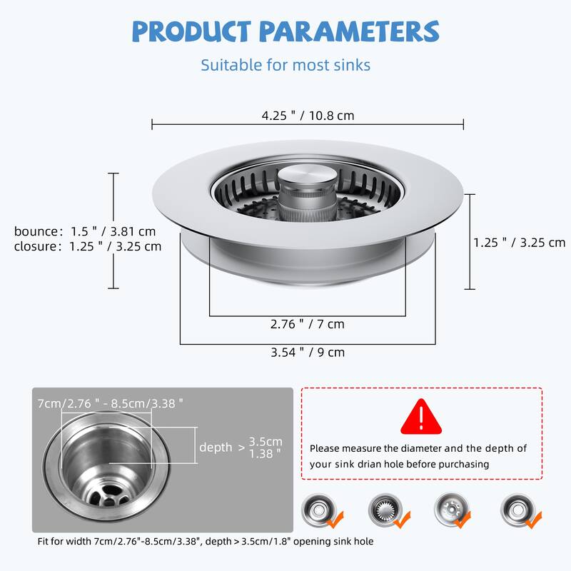 Stainless Steel 3 in 1 Kitchen Sink Drain Strainer for US 3-1/2" Drain