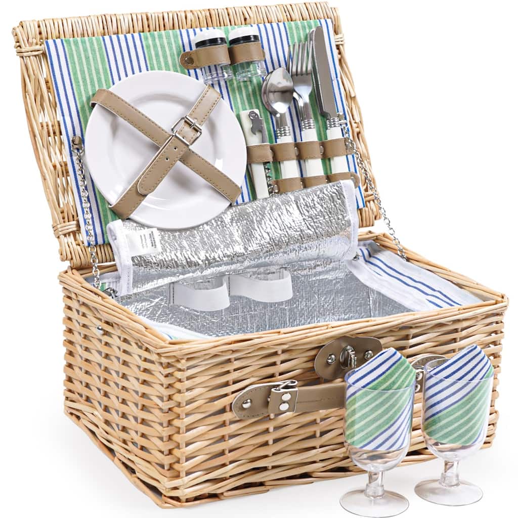 Wicker Picnic Basket for 2 Person, Willow Hamper Basket Sets with Insulated Compartment, Handmade 2 Person Picnic Basket