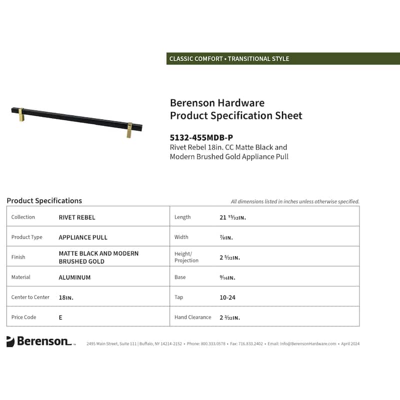 Berenson BN-RIVET-REBEL-APPLC-18 Rivet Rebel 18" Center to Center