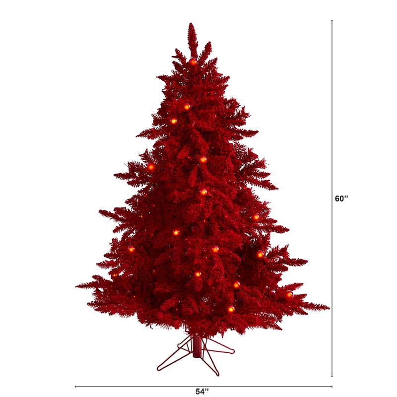 5ft. Red Flocked Fir Artificial Christmas Tree with 250 Red Lights, 26 Globe Bulbs and 490 Branches - Bold X-Mas Accent Tree