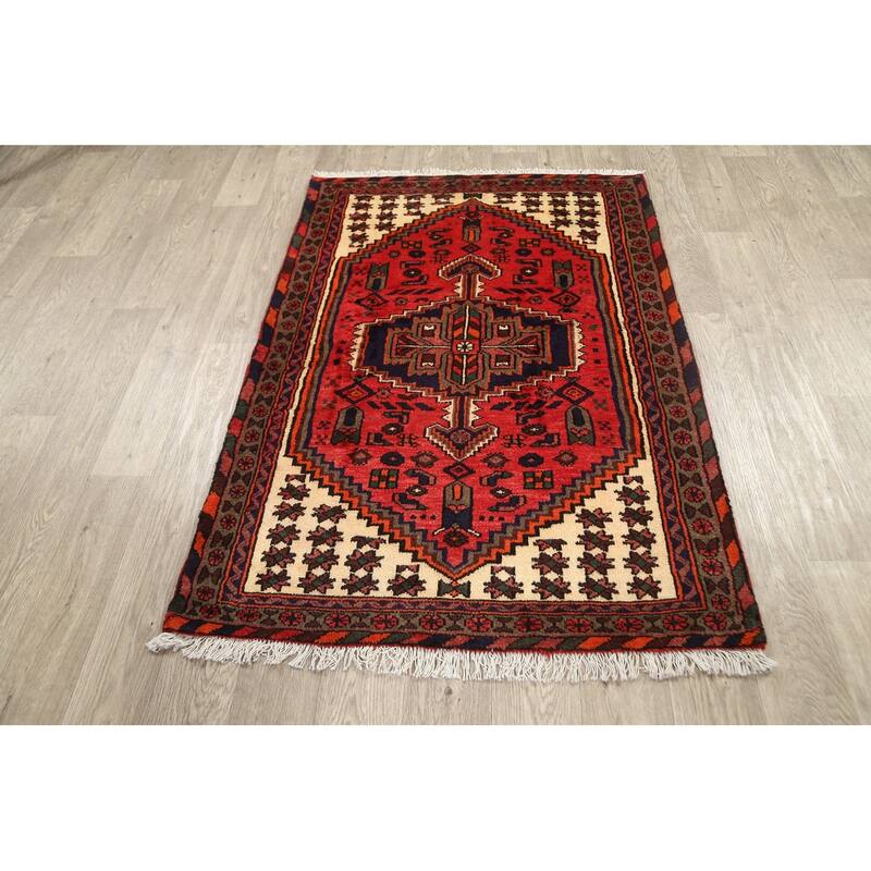 Geometric Persian Hamedan Traditional Area Rug Wool Handmade Carpet - 3'3" x 4'10"